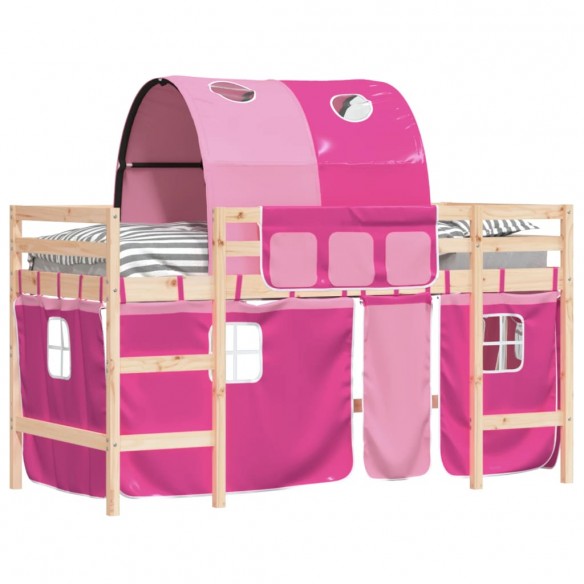 Lit mezzanine enfants avec tunnel rose 80x200cm bois pin massif