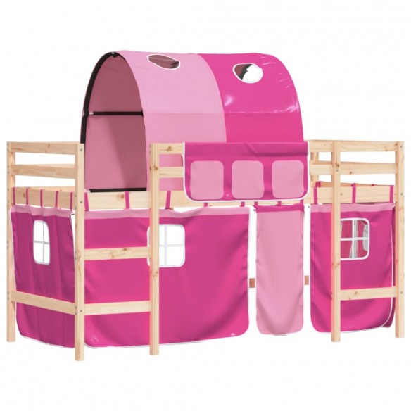 Lit mezzanine enfants avec tunnel rose 80x200cm bois pin massif