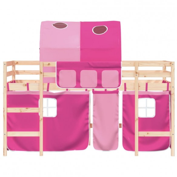 Lit mezzanine enfants avec tunnel rose 80x200cm bois pin massif