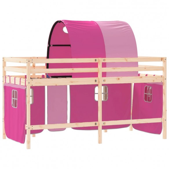 Lit mezzanine enfants avec tunnel rose 80x200cm bois pin massif