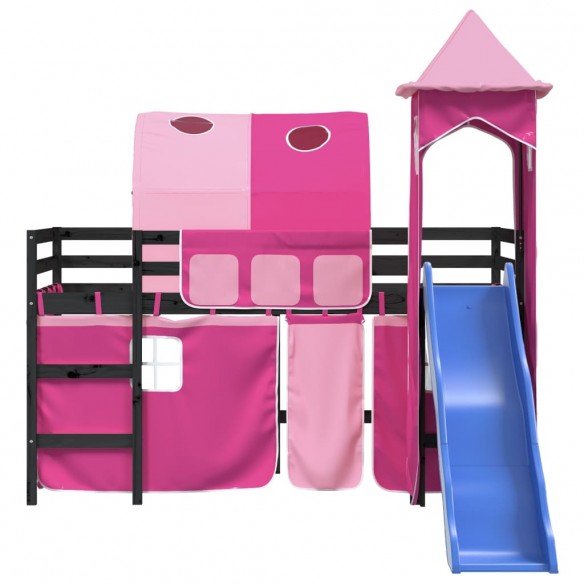 Lit mezzanine enfants avec tour rose 90x190 cm bois pin massif