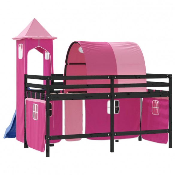 Lit mezzanine enfants avec tour rose 90x190 cm bois pin massif