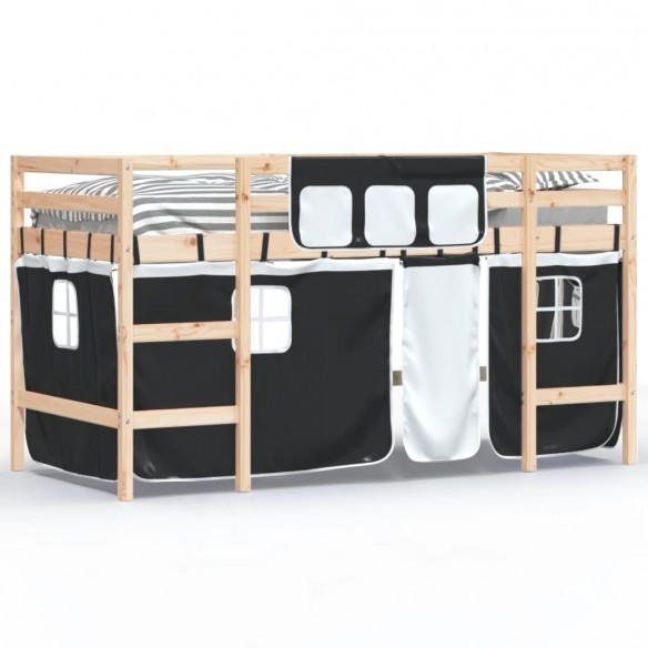 Lit mezzanine enfants et rideaux blanc/noir 90x190cm pin massif