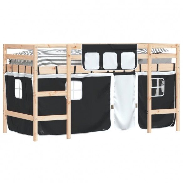 Lit mezzanine enfants et rideaux blanc/noir 90x190cm pin massif