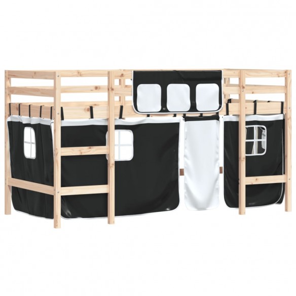 Lit mezzanine enfants et rideaux blanc/noir 90x190cm pin massif