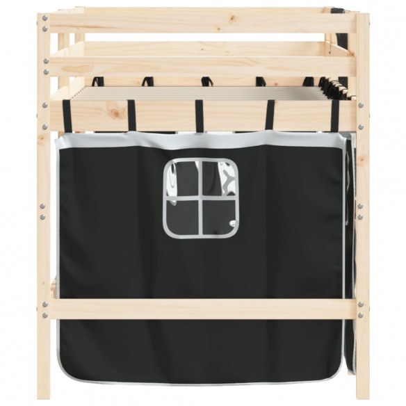 Lit mezzanine enfants et rideaux blanc/noir 90x190cm pin massif