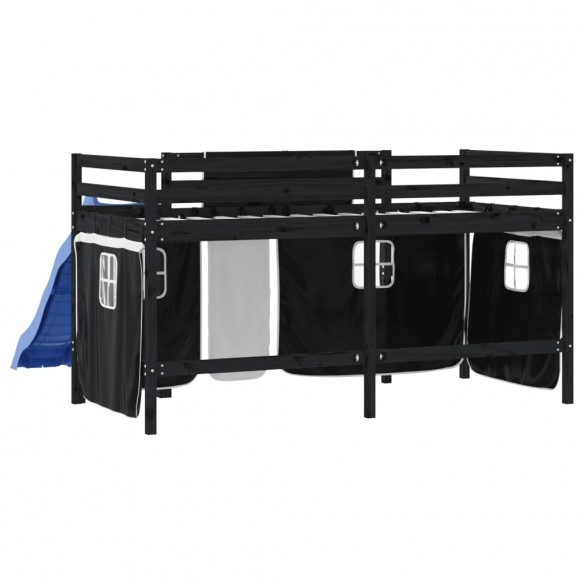 Lit mezzanine enfants et rideaux blanc/noir 90x200cm pin massif