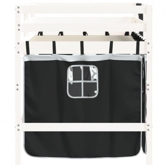 Lit mezzanine enfants et rideaux blanc/noir 90x200cm pin massif