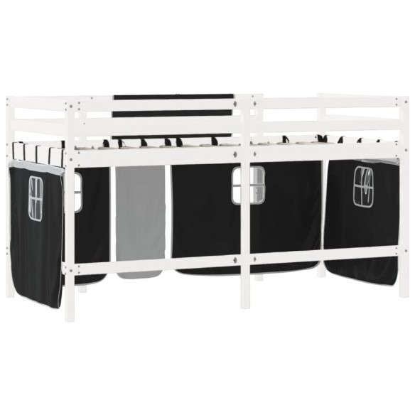 Lit mezzanine enfants et rideaux blanc/noir 90x200cm pin massif