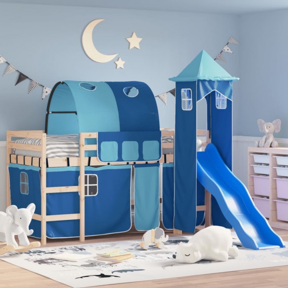 Lit mezzanine enfants avec tour bleu 80x200cm bois pin massif