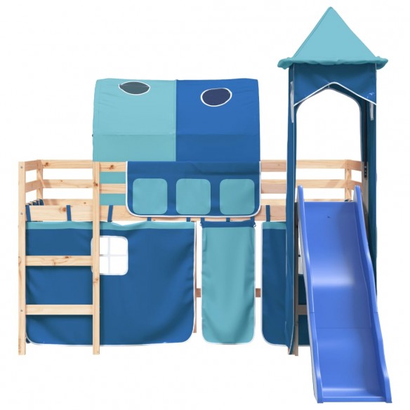 Lit mezzanine enfants avec tour bleu 80x200cm bois pin massif