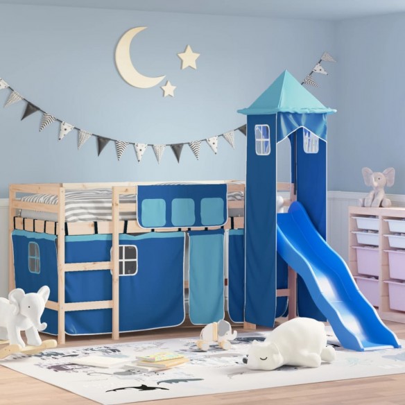 Lit mezzanine enfants avec tour bleu 80x200cm bois pin massif