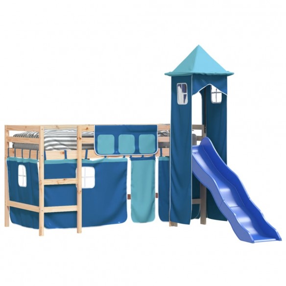 Lit mezzanine enfants avec tour bleu 80x200cm bois pin massif