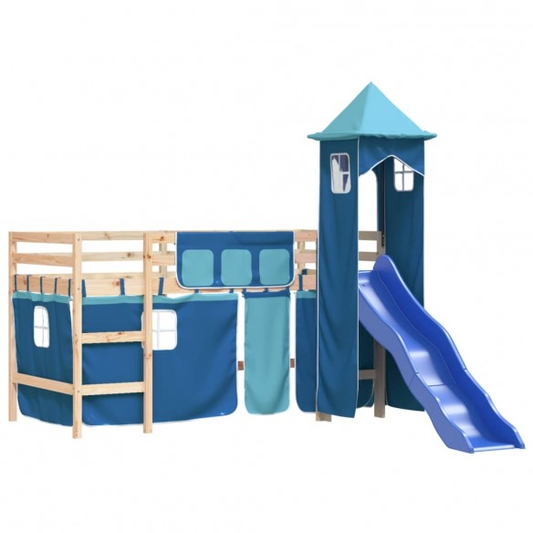 Lit mezzanine enfants avec tour bleu 80x200cm bois pin massif