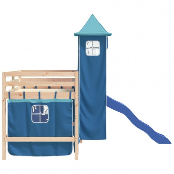 Lit mezzanine enfants avec tour bleu 80x200cm bois pin massif