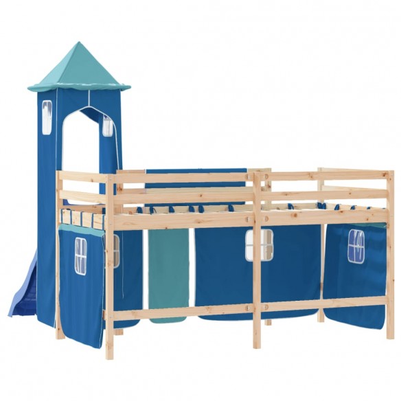 Lit mezzanine enfants avec tour bleu 80x200cm bois pin massif