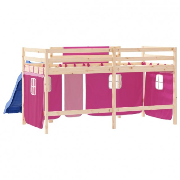 Lit mezzanine enfants et rideaux rose 80x200cm bois pin massif