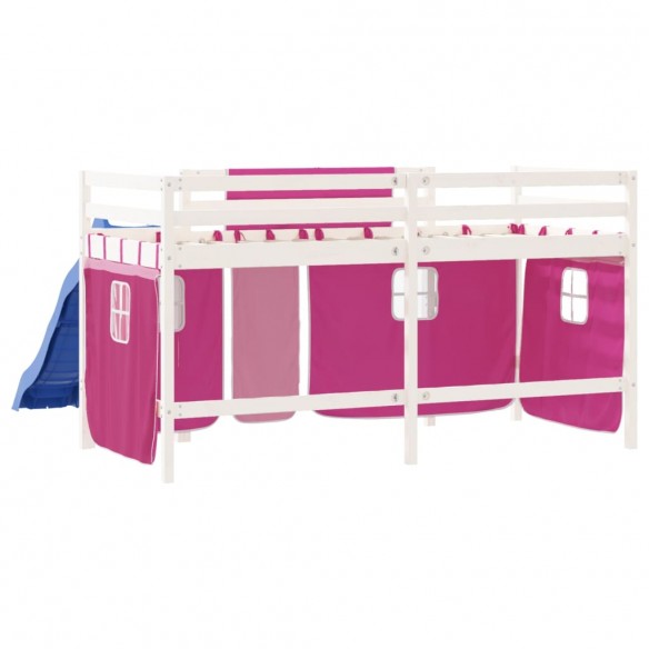 Lit mezzanine enfants et rideaux rose 90x190cm bois pin massif