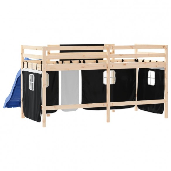 Lit mezzanine enfants et rideaux blanc/noir 90x200cm pin massif