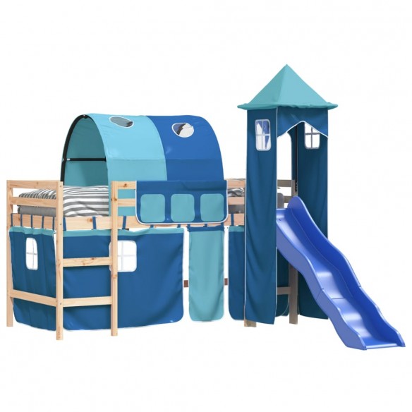 Lit mezzanine enfants avec tour bleu 90x200 cm bois pin massif