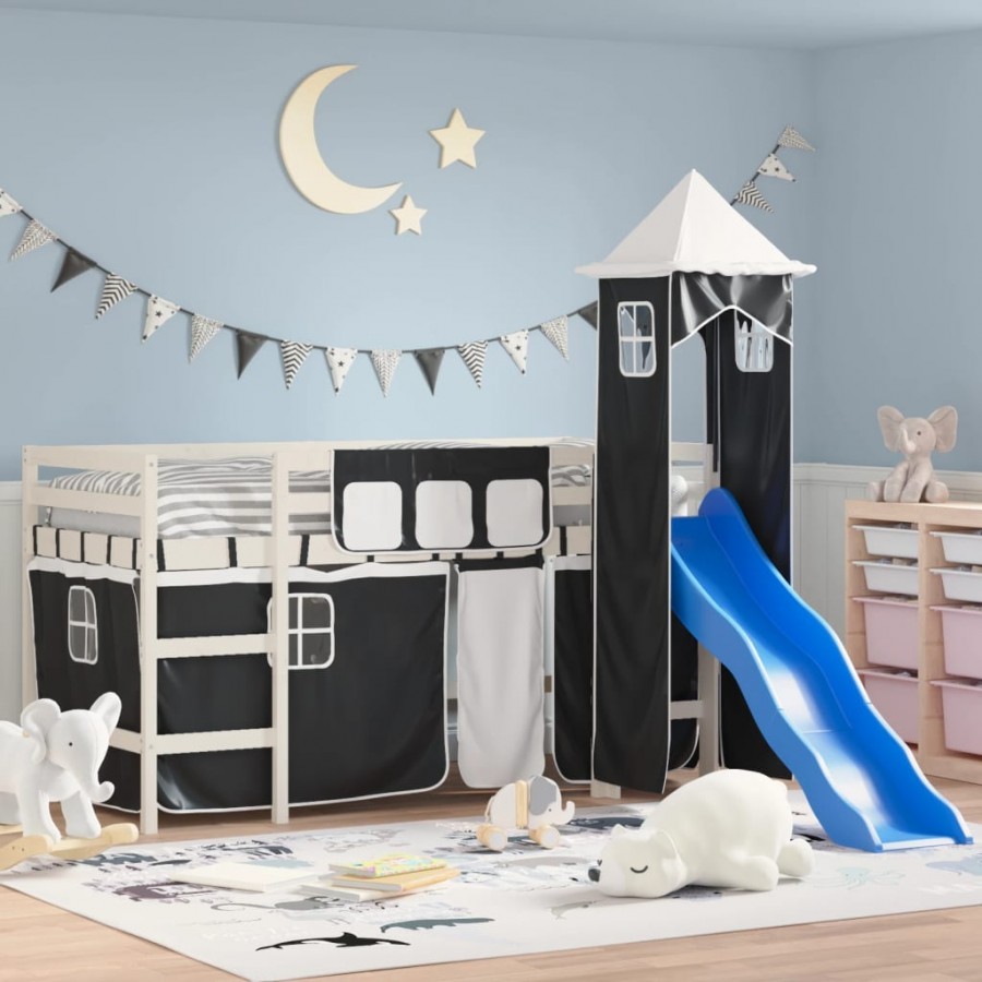 Lit mezzanine enfants avec tour blanc/noir 80x200cm pin massif