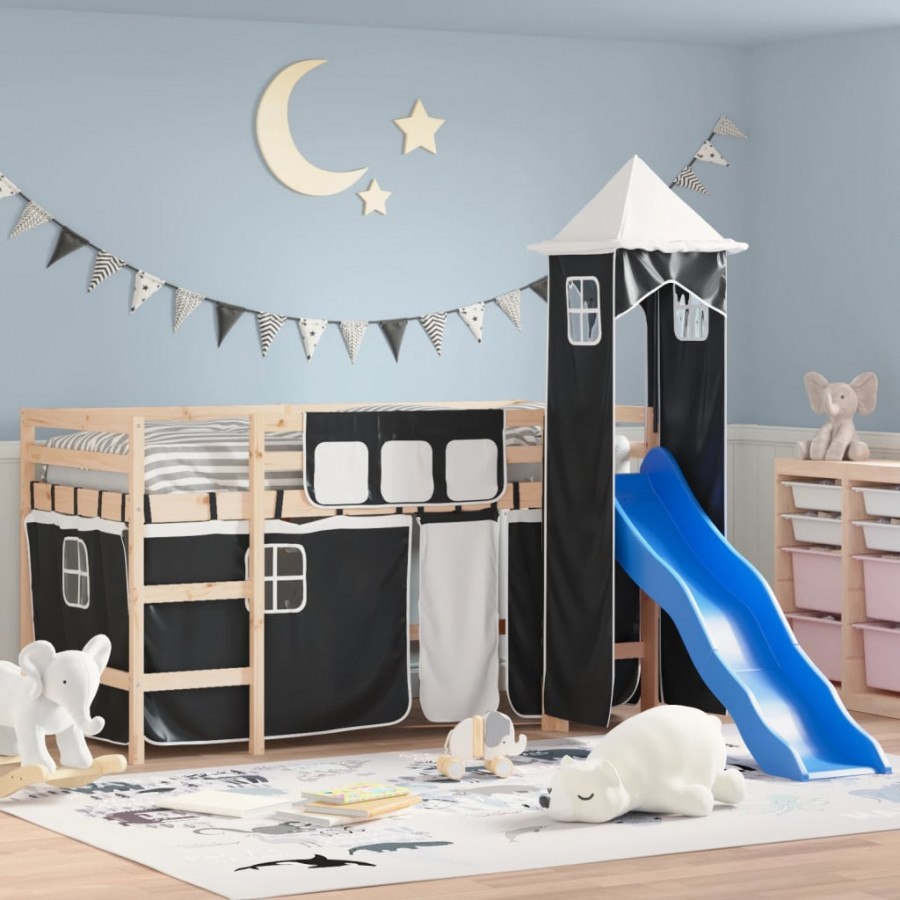 Lit mezzanine enfants et tour blanc/noir 90x200 cm pin massif