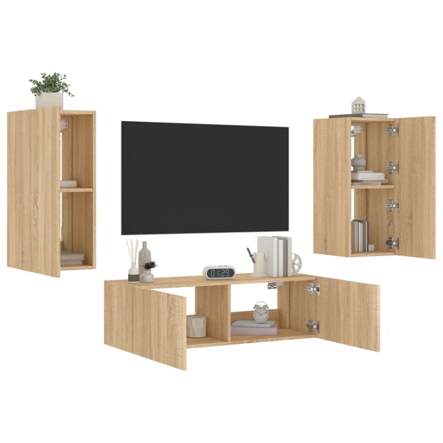 Meuble TV muraux 3 pcs avec lumières LED chêne sonoma