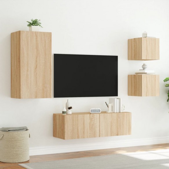 Meuble TV muraux 4 pcs avec lumières LED chêne sonoma