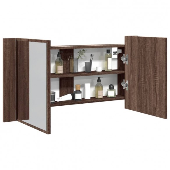 Armoire à miroir à LED de bain chêne marron 90x12x45 cm