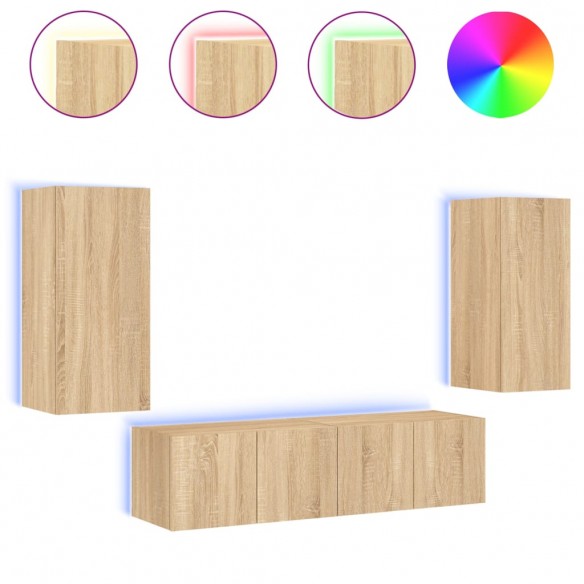 Unités murales TV avec LED 4 pcs chêne sonoma bois d'ingénierie