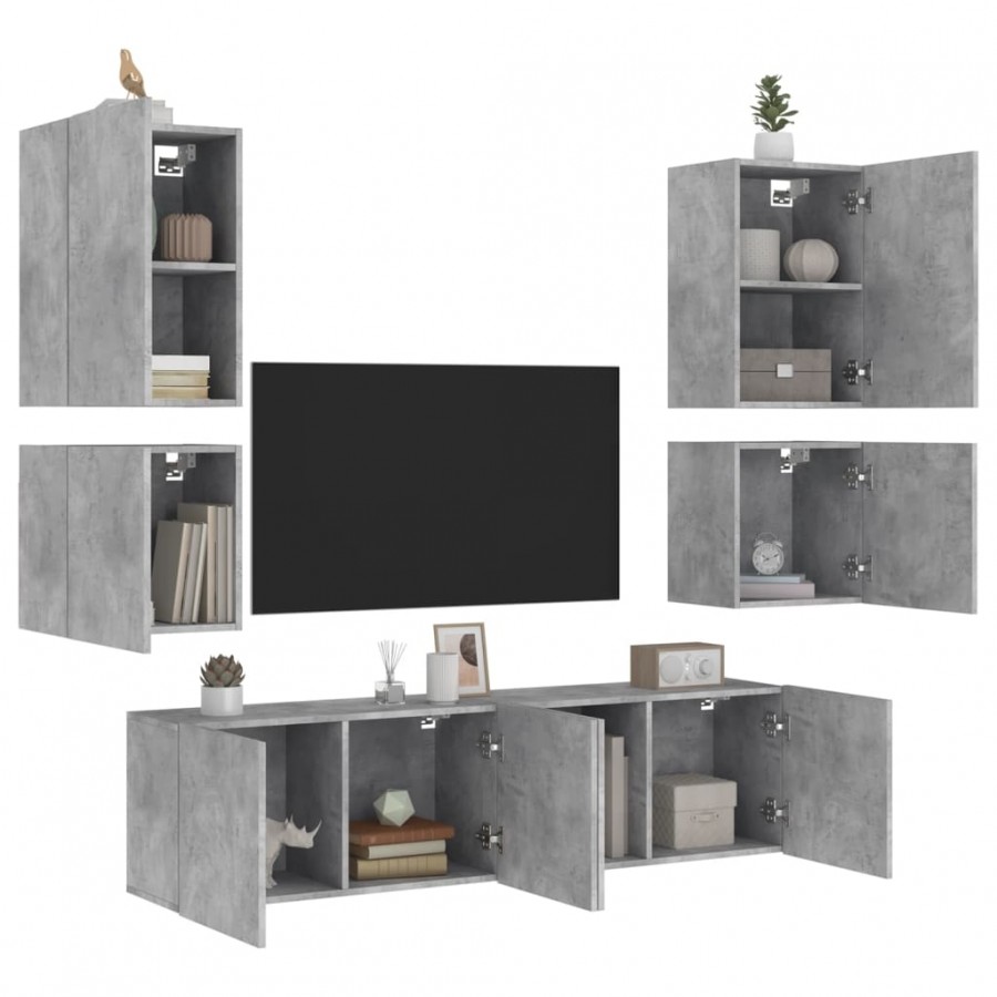 Unités murales TV 6 pcs gris béton bois d'ingénierie