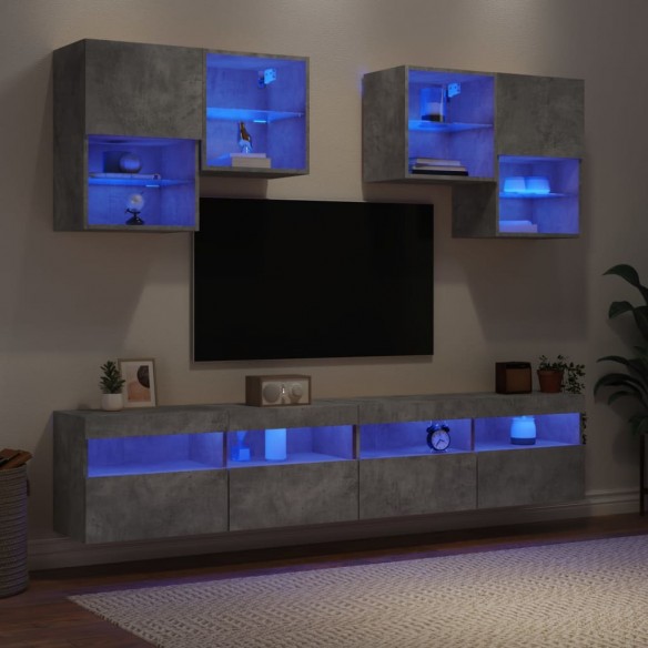 Ensemble de meubles TV muraux 6pcs et lumières LED gris béton