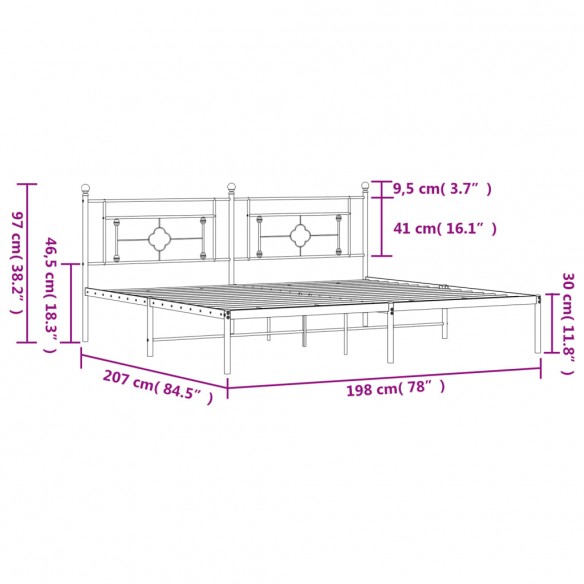 Cadre de lit métal avec tête de lit noir 193x203 cm