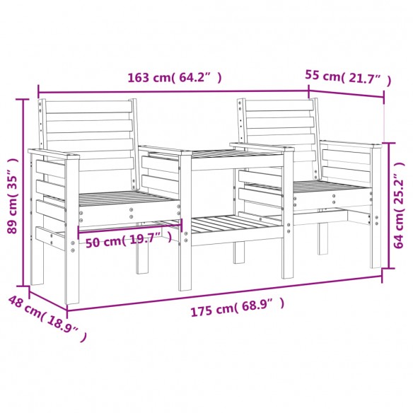 Banc de jardin avec table 2 places gris bois massif de pin