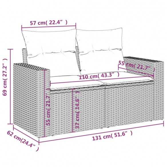 Canapé de jardin avec coussins 2 places beige résine tressée