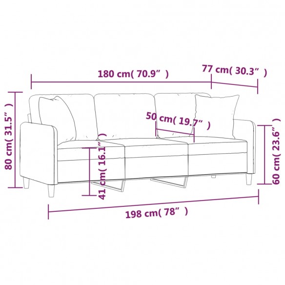 Canapé 3 places avec oreillers décoratifs crème 180 cm tissu