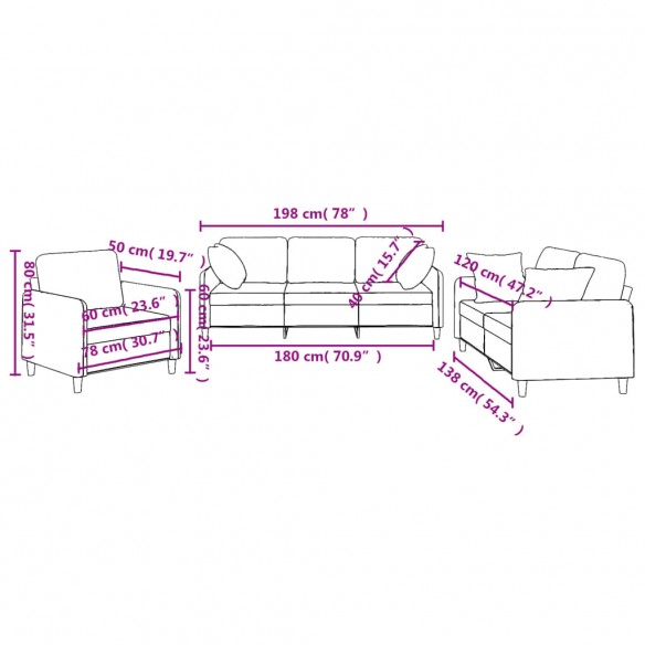 Ensemble de canapés 3 pcs avec coussins marron tissu