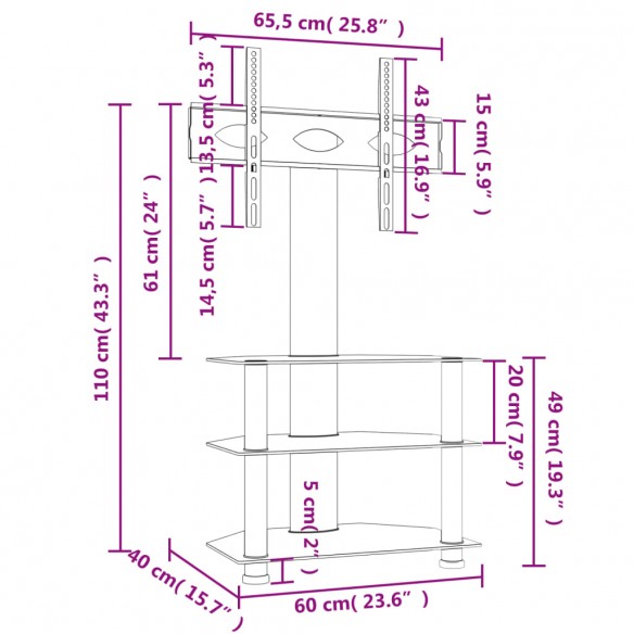 Meuble TV d'angle 3 niveaux pour 32-70 pouces noir et argenté