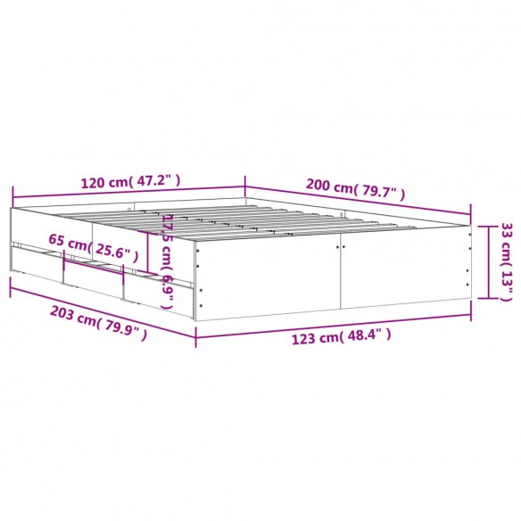 Cadre de lit et tiroirs chêne marron 120x200 cm bois ingénierie