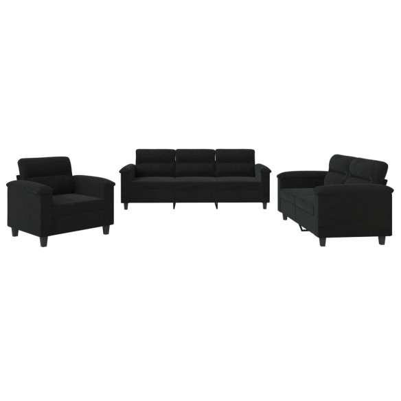 Ensemble de canapés 3 pcs avec coussins noir tissu microfibre