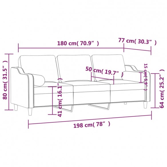 Canapé 3 places avec oreillers décoratifs crème 180 cm tissu