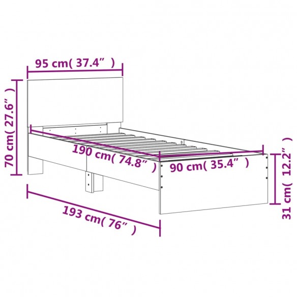 Cadre de lit tête de lit chêne marron 90x190 cm bois ingénierie