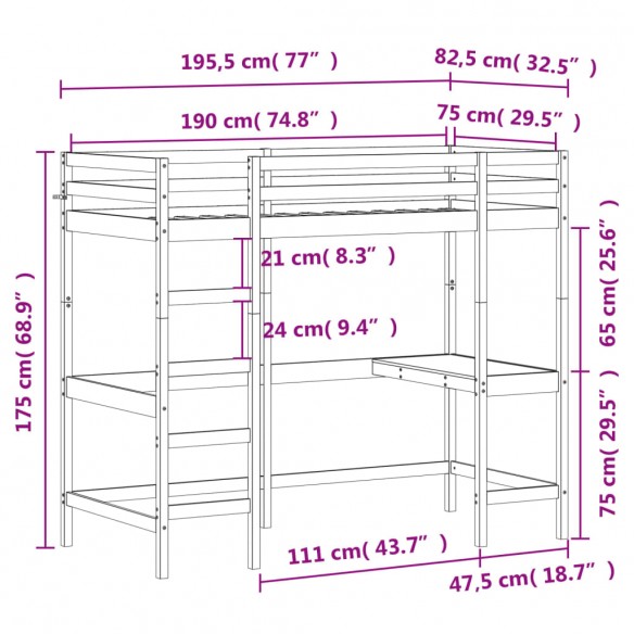 Lit superposé avec bureau cire marron 75x190 cm bois pin massif