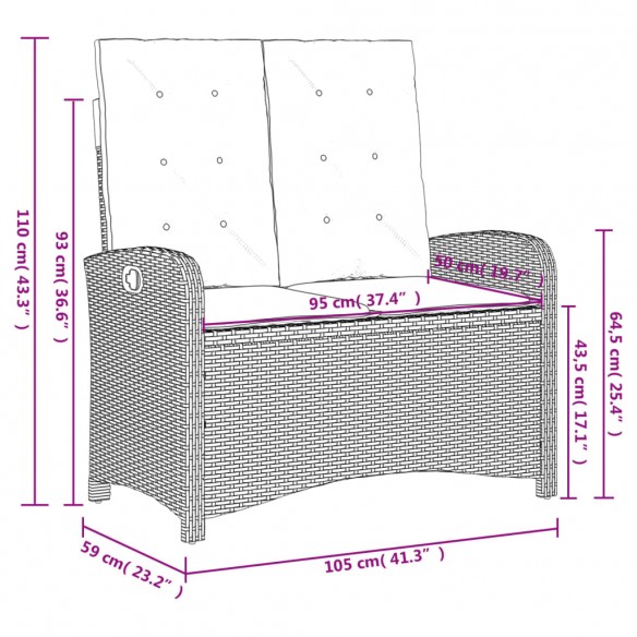 Banc inclinable de jardin avec coussins noir résine tressée