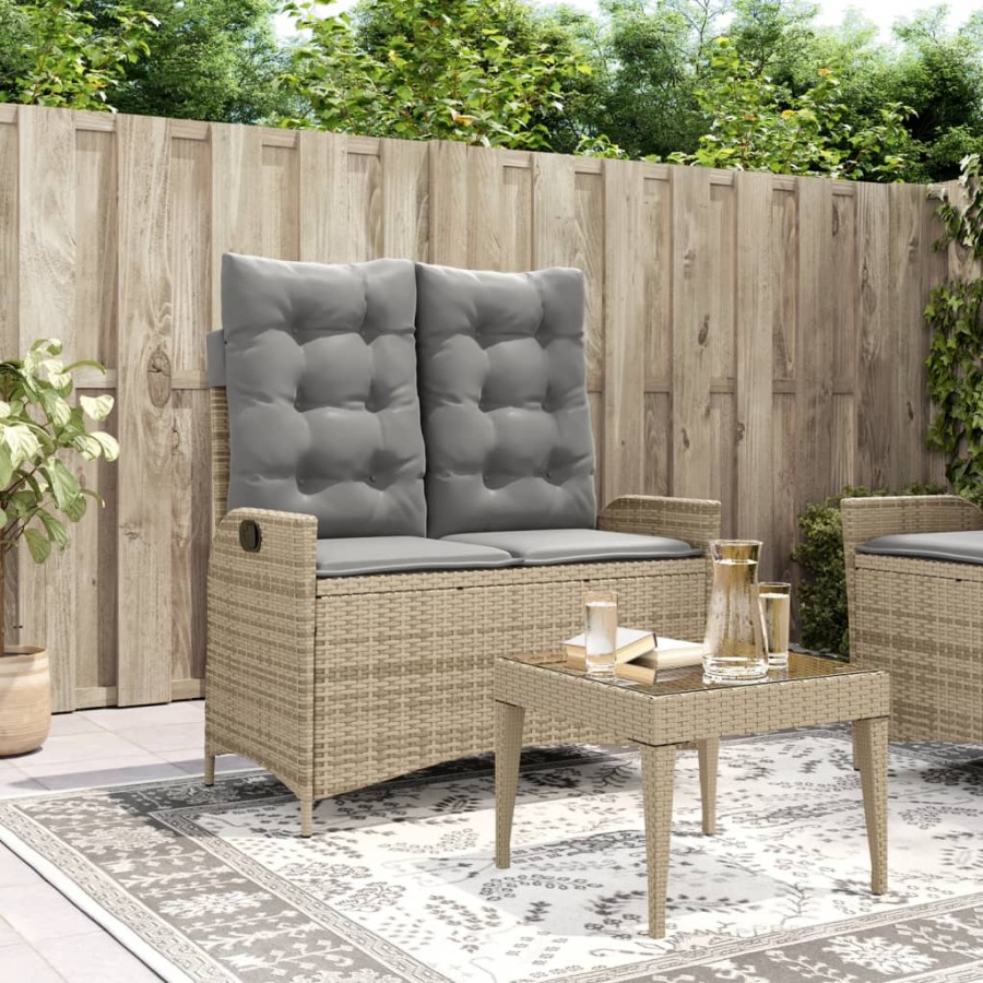 Banc inclinable de jardin avec coussins beige résine tressée