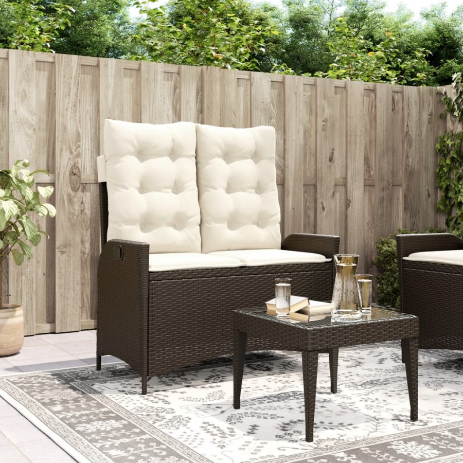 Banc inclinable de jardin avec coussins marron résine tressée