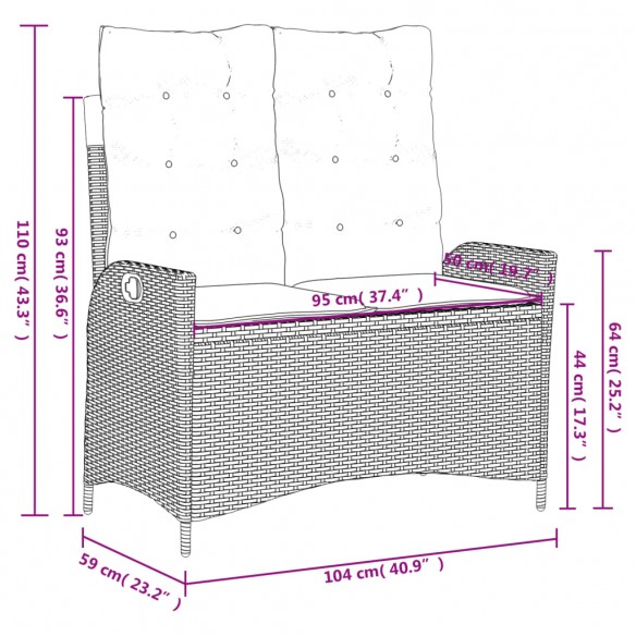 Banc inclinable de jardin avec coussins marron résine tressée