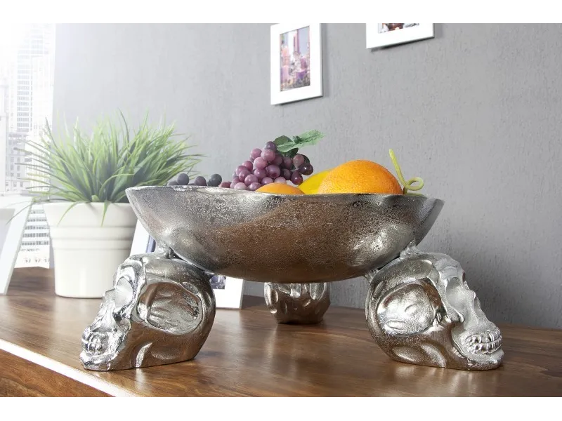 Bol de fruits design crânes en aluminium argenté