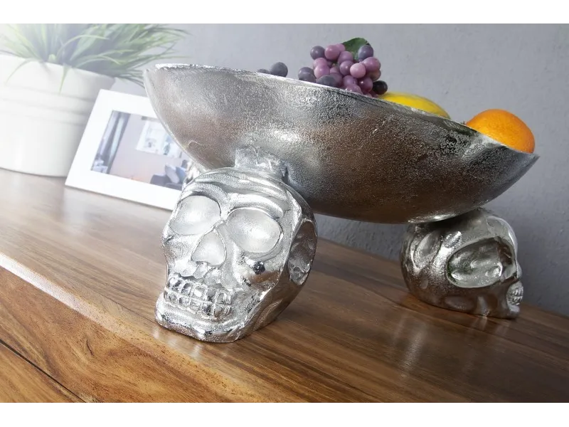 Bol de fruits design crânes en aluminium argenté
