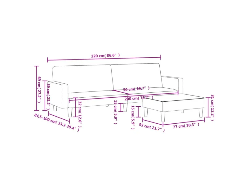 Canapé-lit à 2 places avec repose-pied gris clair velours
